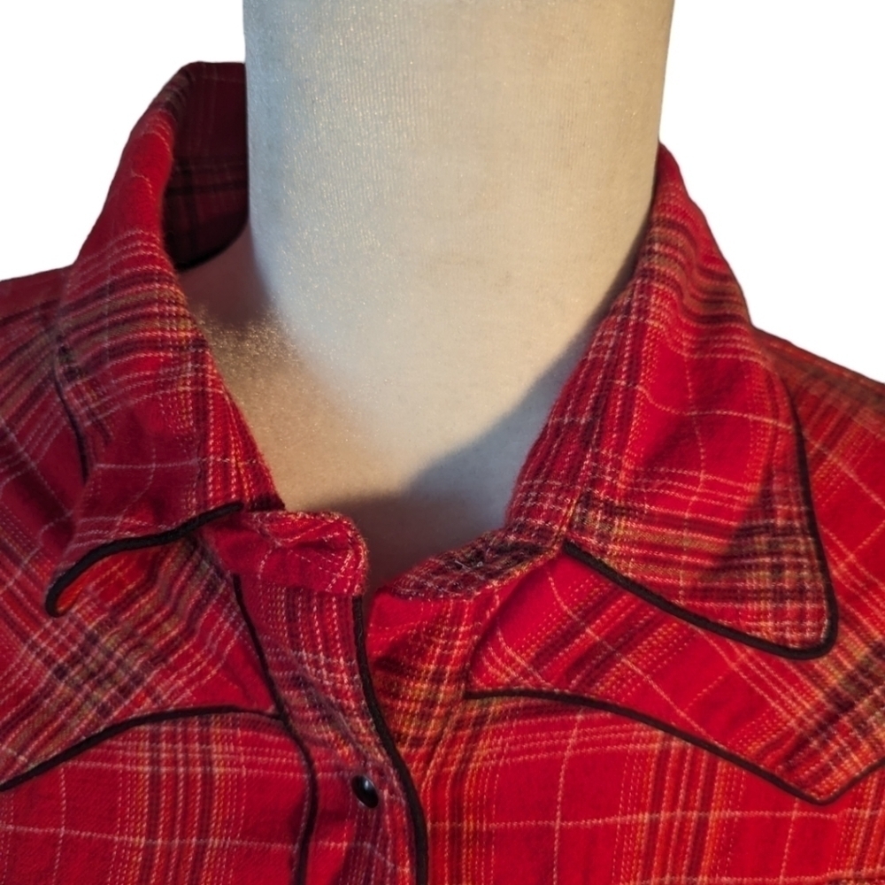 Back in The Saddle Western Pearl Snap cowgirl red Plaid Shirt Embroidery sz XL - Picture 6 of 11